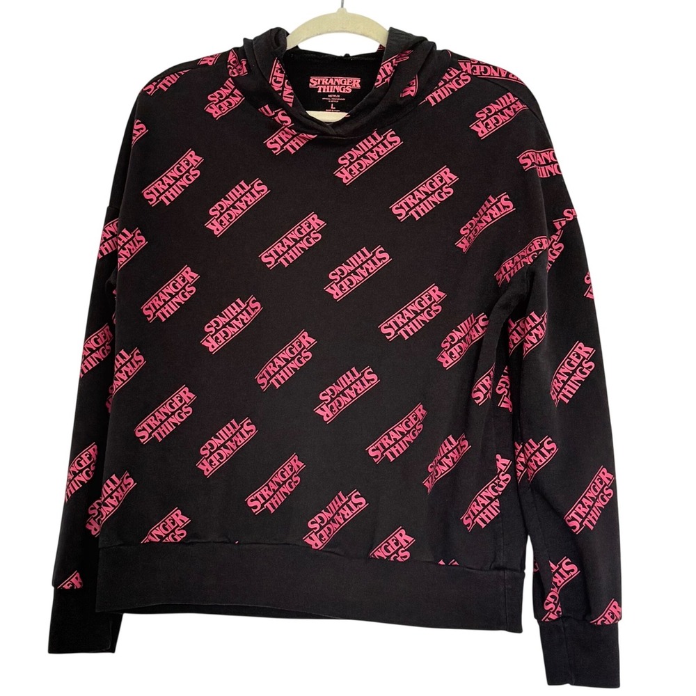 Stranger Things Netflix Hoodie Women Large Black Pink All Over Logo Print Fleece
